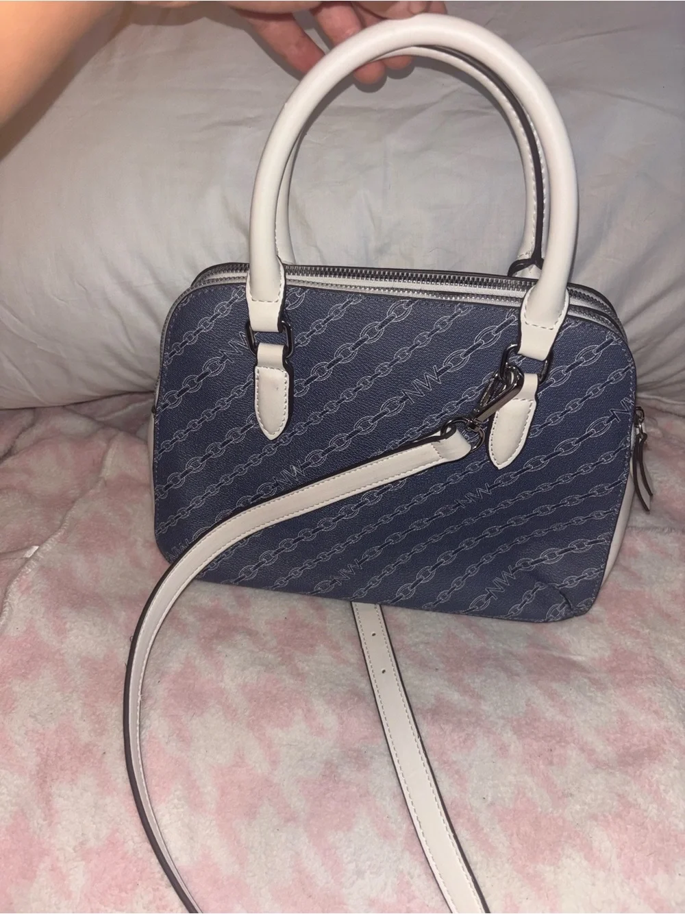 Nine West Navy and Cream Chain-Print Dome Crossbody Bag